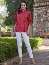 Women Rust Shantoon Floral Printed High & Low Peplum Tunic.